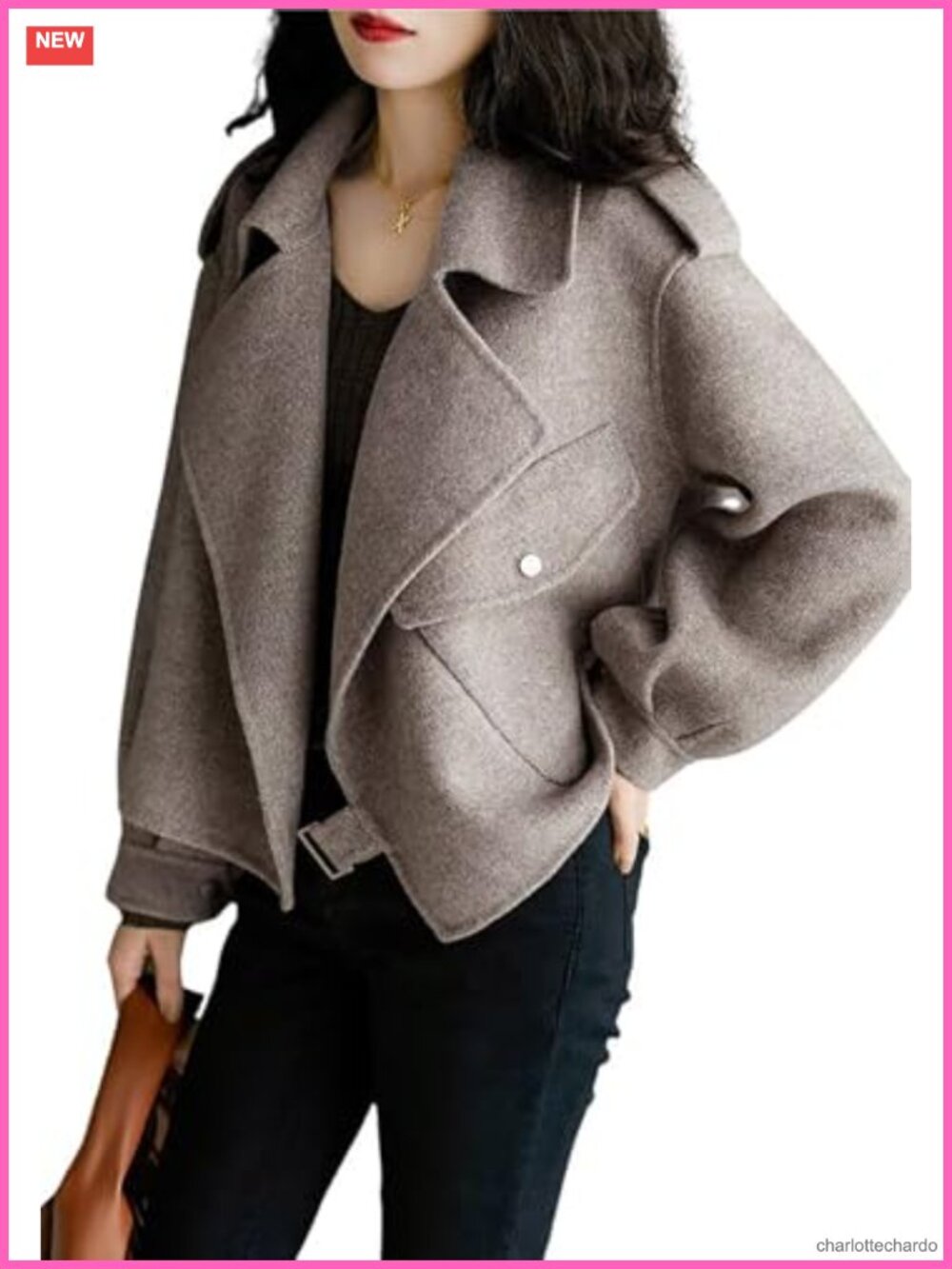 Women Cropped Wool Pea Coat Notched Lapel Open Front Trench Jacket with Pockets